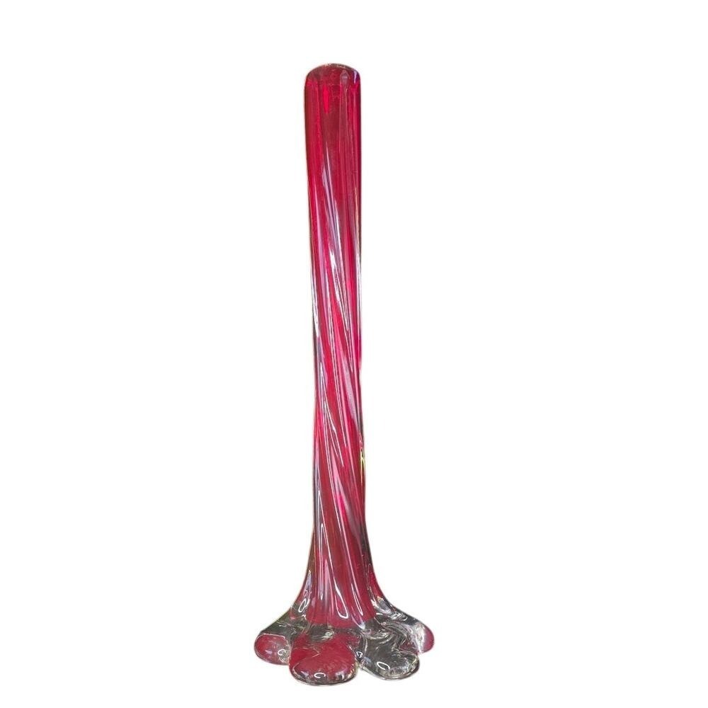Midcentury Narrow Stemmed Red Twisted Art Bud Vase with Elephant Foot 11.5" Tall